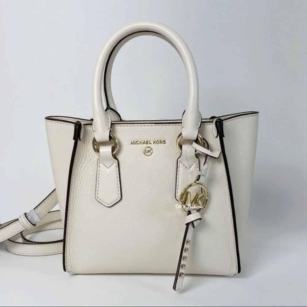 New Michael Kors Kris Small Pebbled Leather Satchel Crossbody Bag in Light Cream